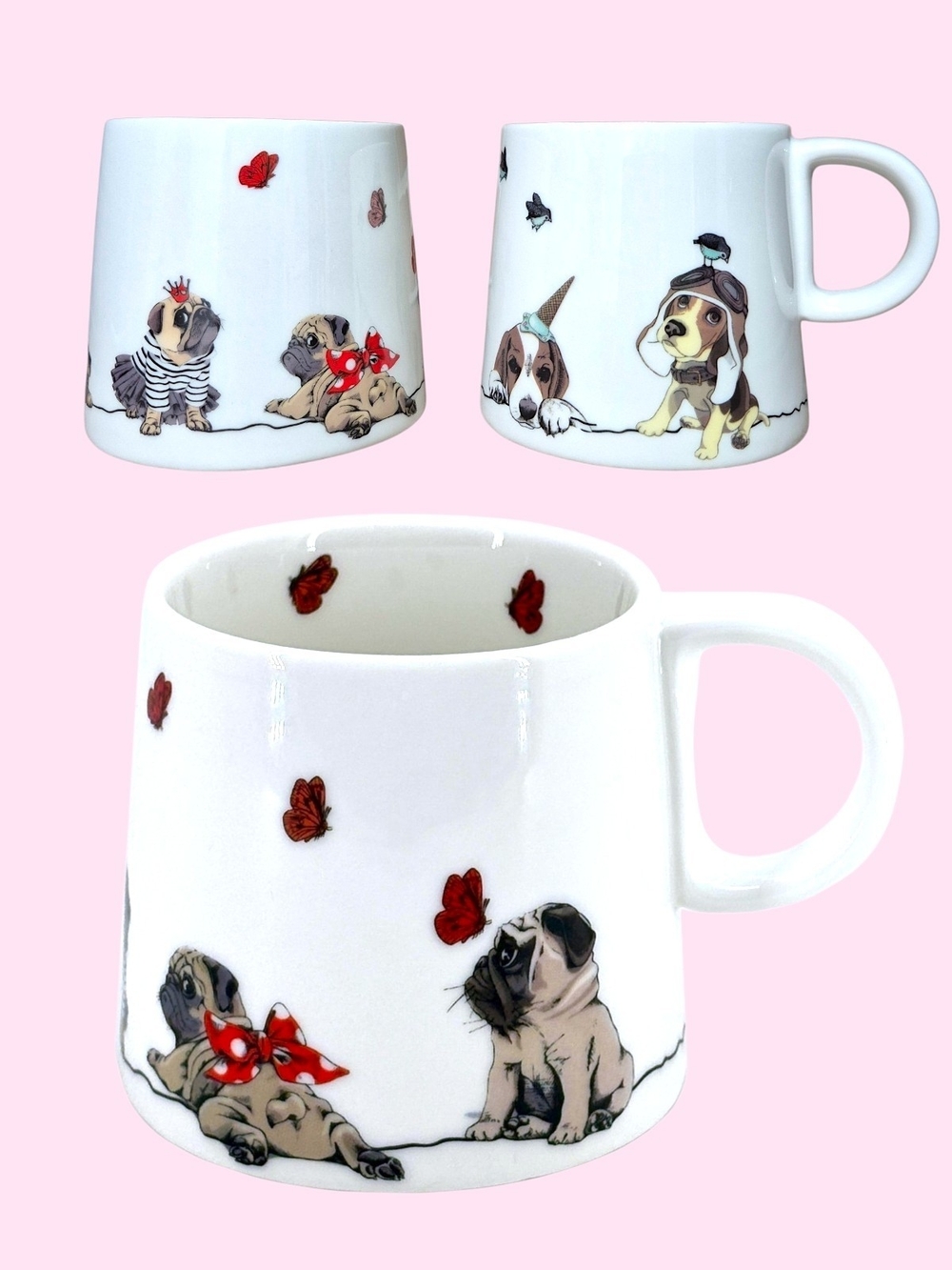 Pugs & Beagles Whimsical  Illustrated Dog Mugs, Bone China , Set Of 2
